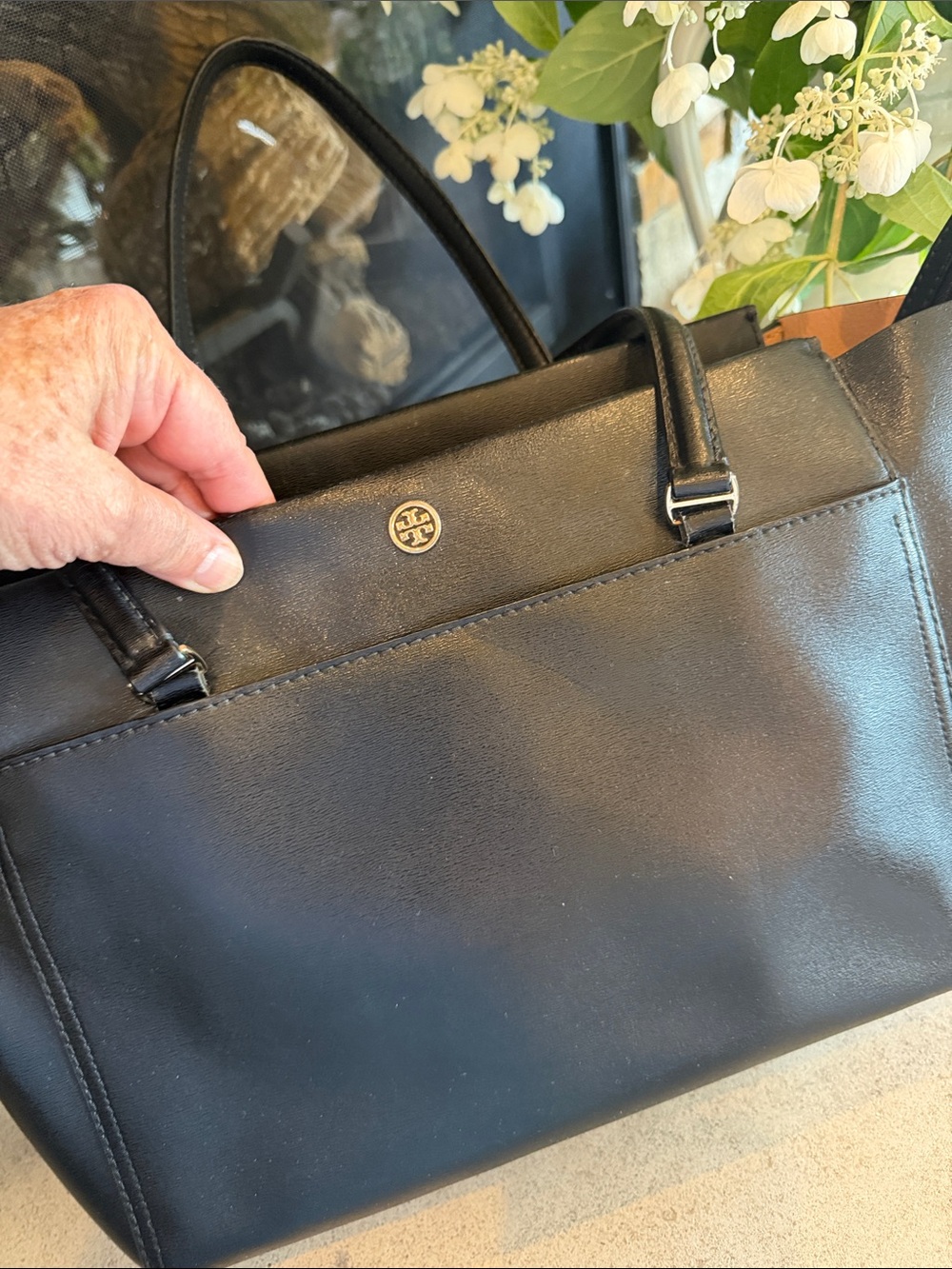 Tory Burch Black Leather Tote with tan Interior Trim - Picture 2 of 12